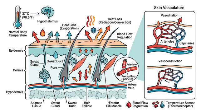 Human Skin Thermoregulation and Vasculature Diagram