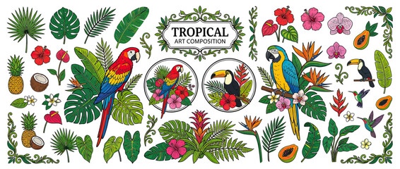 Naklejka premium Vibrant Tropical Birds and Exotic Flora Collection