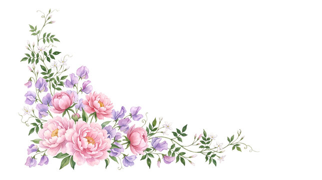 Watercolor floral corner arrangement with pink peony and sweet pea