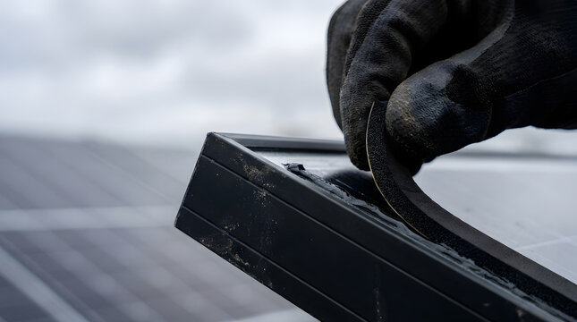 Professional technician in gloves applying adhesive foam weather seal gasket tape to the frame edge of a modern black solar panel module for residential renewable energy roof installation maintenance 