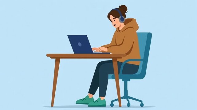 Woman Working on a Computer While Listening to Music, Flat Design Illustration