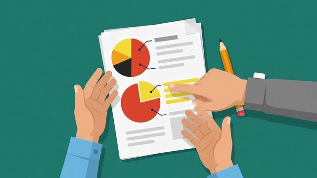 Hands Holding Report with Pie Charts and Data Analysis and Suggest, Flat Design Illustration