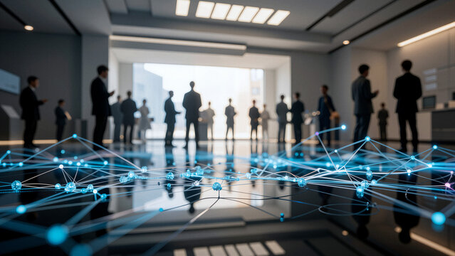 Blurred silhouettes of business people in a modern office with a digital network overlay
