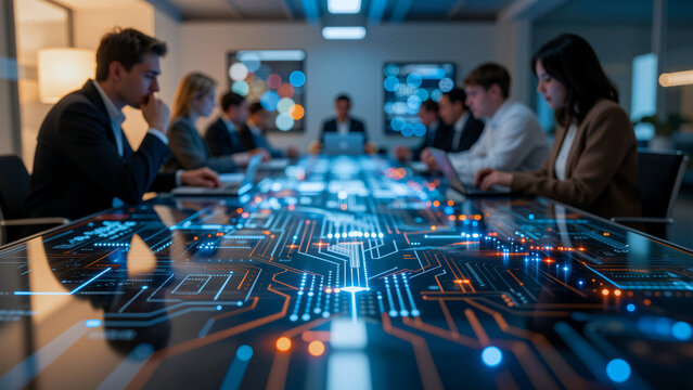 Business people in a modern office with a futuristic digital table