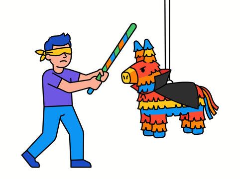 Blindfolded man hitting a colorful donkey pinata with a stick