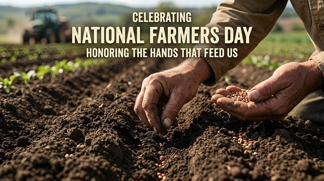 Farmer planting seeds in freshly tilled soil with tractor in background, symbolizing dedication, cultivation, and agricultural heritage during National Farmers Day celebration