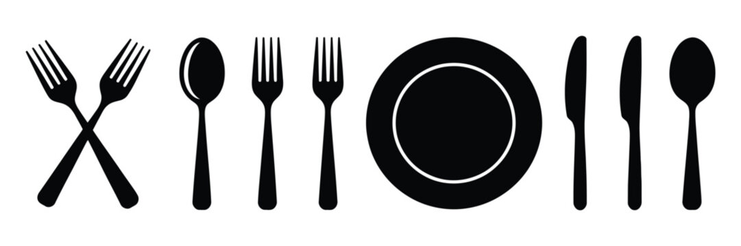 Fork knife plate and spoon icon set, restaurant menu symbols, food dining, tableware, cutlery, cooking, meal service, cafe, and hospitality concepts.