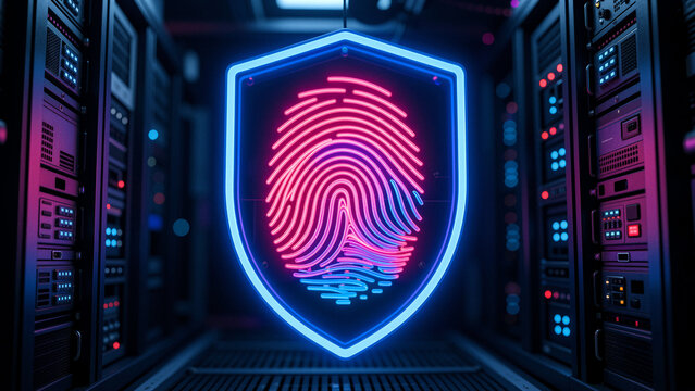 Cybersecurity shield with fingerprint in a server room