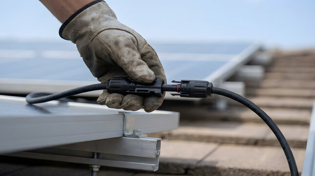 Close-up of a technician wearing work gloves connecting MC4 solar panel electrical cables on a residential roof during a professional photovoltaic system installation project, sustainable green energy