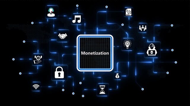 Monetization process strategy layout featuring technical icons and neon blue glowing circuit nodes over an abstract dark space backdrop framework.