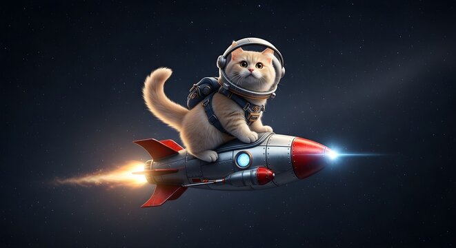 Cute Cat Astronaut Flying on a Retro Rocket Through Deep Outer Space Adventure