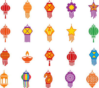 Set of colorful traditional hanging lanterns and oil lamps for the hindu festival of diwali celebration