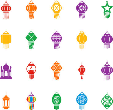 Set of colorful decorative hanging lanterns for diwali festival celebration and traditional indian home interior design elements
