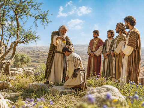 Prophet Samuel Anointing Young David with Sacred Oil as Jesse's Sons Witness Divine Selection in Ancient Israel.