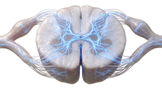 Anatomical spinal cord cross section with glowing blue nerves. Human nervous system medical illustration. Spinal cord anatomy on white background.