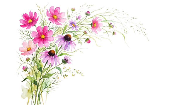 Watercolor cosmos and coneflower wildflower corner arrangement