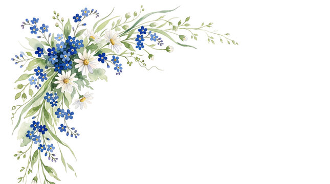 Watercolor wild flower corner arrangement with blue forget me not