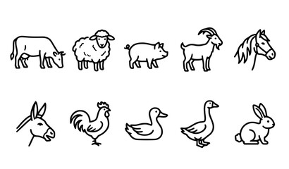 Obraz premium Minimalist farm animal outline icon collection with livestock poultry horse cow sheep goat pig duck and rabbit vector art