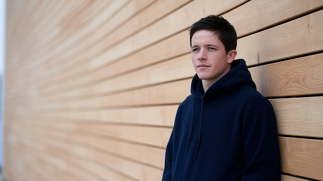 Young Man Wearing A Navy Blue Hoodie Mockup Posing Against A Modern Wood Slat Wall Background