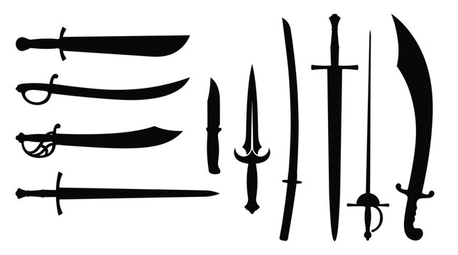 Collection of historical and medieval sword silhouettes including katana scimitar dagger rapier and saber isolated on white background