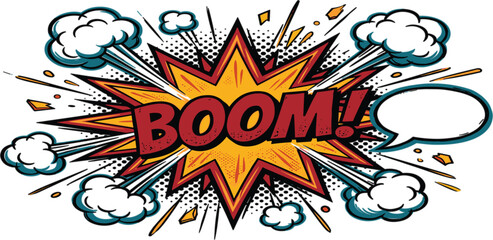 Retro pop art comic book explosion with boom text halftone clouds and speech bubble isolated on white background © raju
