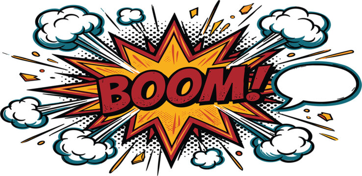 Retro pop art comic book explosion with boom text halftone clouds and speech bubble isolated on white background