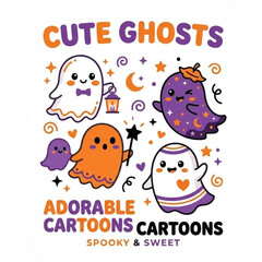 Fototapeta premium Cute Ghosts Halloween Vector Character Set with Lantern Magic Wand and Decorative Typography