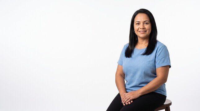 Smiling middle aged woman with dark hair wearing a blue shirt and black pants sitting on a stool against a white background