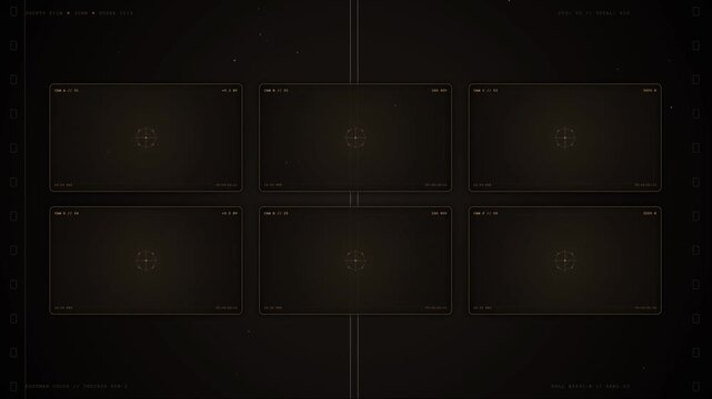 Vintage camera viewfinder HUD user interface overlay template featuring multi screen monitor viewports, crosshair reticles, digital camera telemetry, film grain texture and retro aesthetic.
