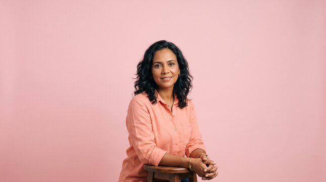 Portrait of a smiling Indian woman with curly dark hair wearing an orange shirt sitting on a stool against a pink background