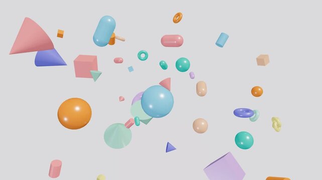 Colorful 3D abstract geometric shapes floating and rotating softly in zero gravity over light background. Modern smooth motion graphic animation for tech, creative presentation, copy space.