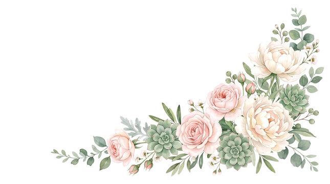 Watercolor floral corner arrangement with pink rose and succulent
