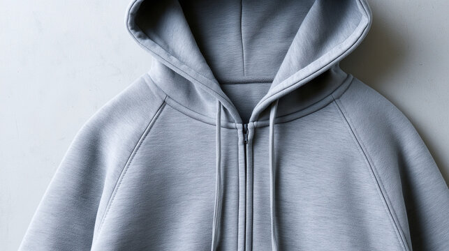 Clean Grey Zip Up Hoodie Mockup Design Featuring Minimalist Aesthetic Apparel Texture Details