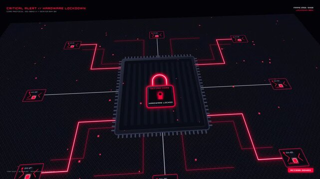 Futuristic 3D animation of CPU microchip initiating hardware lockdown alert with glowing red padlock icon, triggering glowing red circuit data lines on dark digital motherboard HUD interface.