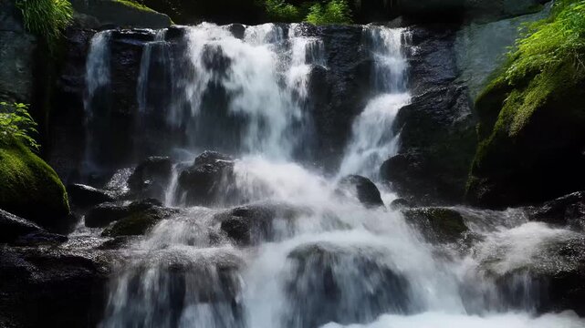 Stream water splashing over miniature waterfalls
