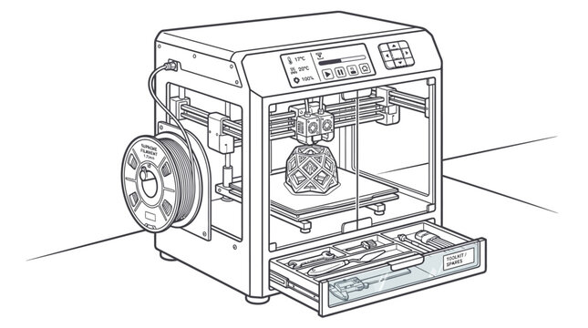 A detailed vector illustration of a modern desktop 3d printer creating a complex geometric object with filament supply and tool storage drawer
