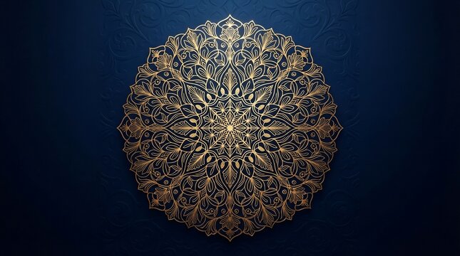 Intricate golden mandala pattern on dark blue textured background