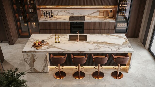 Modern luxury kitchen island with marble countertop and bar stools