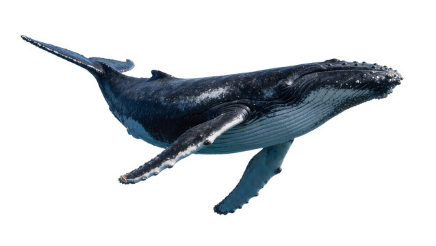 Majestic humpback whale with dark skin and white markings, isolated on transparent background