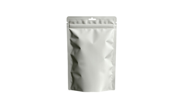 Blank silver foil stand-up pouch with zipper closure, isolated on transparent background