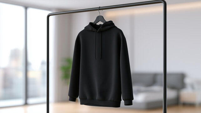 Blank Black Hoodie Mockup Displayed on a Minimalist Clothing Rack in a Modern Bright Bedroom