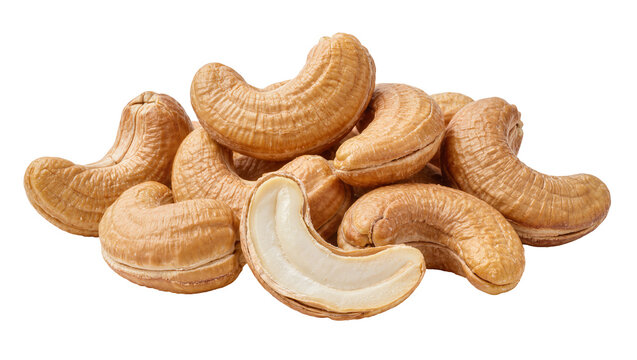 Pile of whole and halved raw cashew nuts, isolated on transparent background
