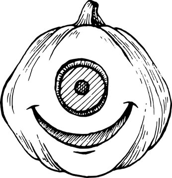 One Eyed Cyclops Halloween Pumpkin Line Art - Spooky Carved Jack O Lantern Sketch - Hand Drawn Monster Engraving