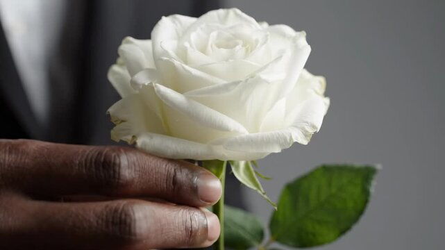 A person's hand gently holds a beautiful white rose with a green leaf against a soft background.