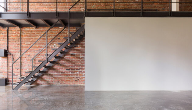 Industrial loft interior with exposed red brick wall, metal staircase, mezzanine floor, and a large blank white wall space.