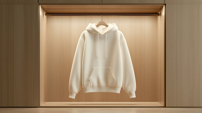 Minimalist White Hoodie Mockup Displayed in a Modern Wooden Wardrobe Interior for Fashion Design