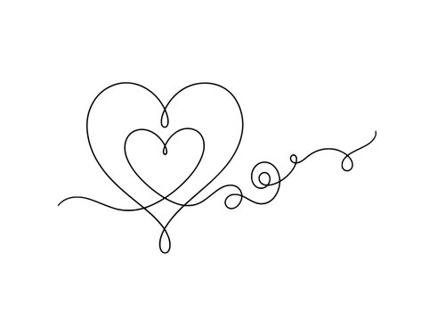 Minimalist continuous line heart vector, elegant double heart outline drawing, romantic flourish swirl illustration for wedding cards