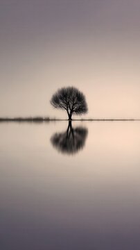 A solitary tree reflected in a calm body of water.