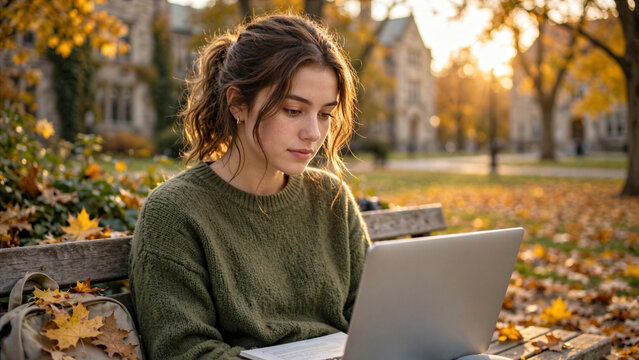Young adult female college student sitting outdoors on campus lawn working on laptop in autumn