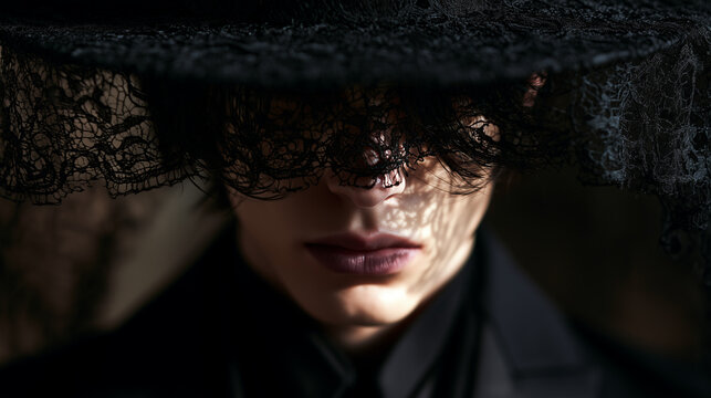 Gothic Man Wearing an Elegant Black Lace Hat